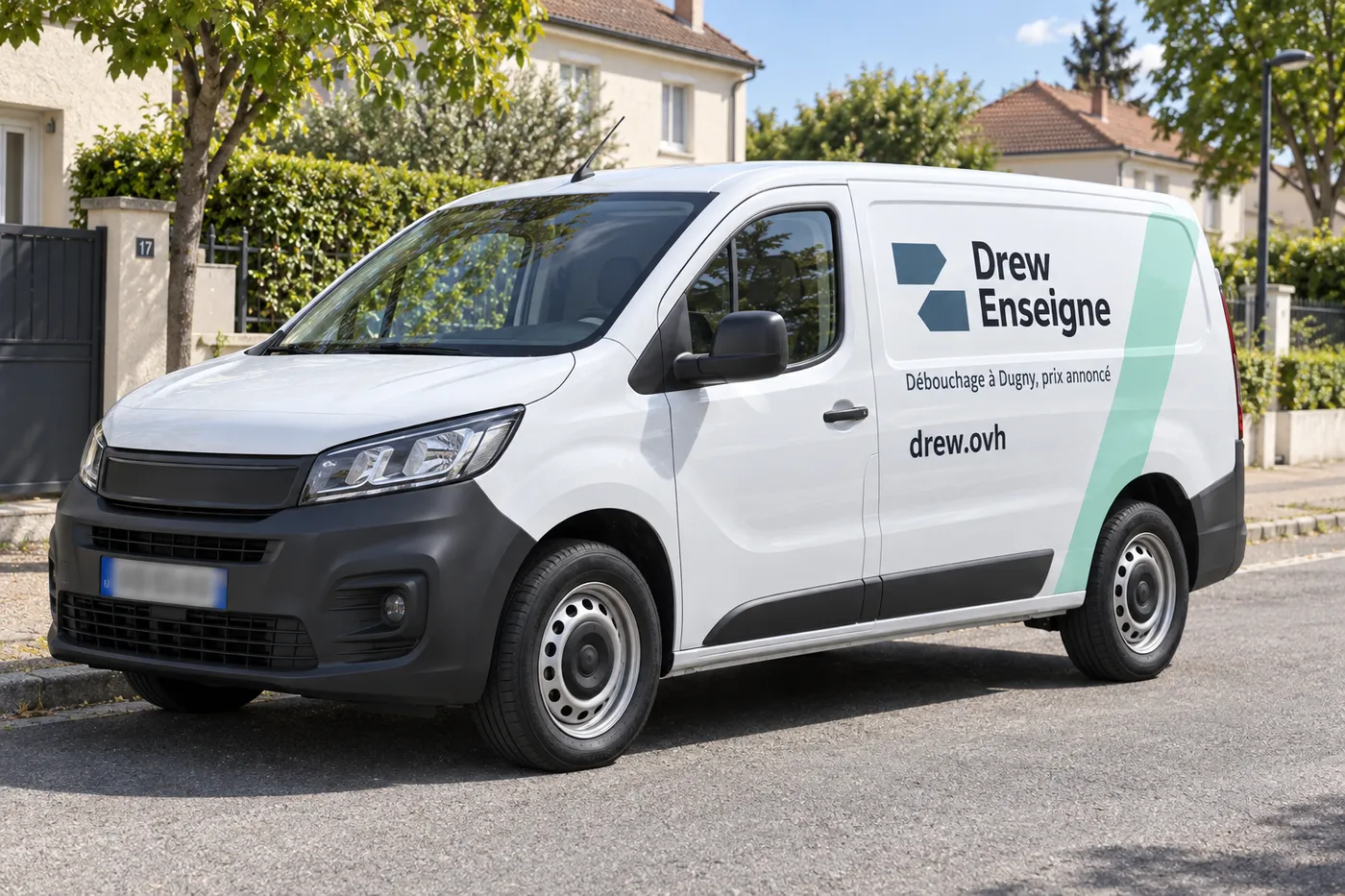 Camionnette blanche aux couleurs de Drew Enseigne, drew.ovh, garée dans une rue pavillonnaire de Dugny