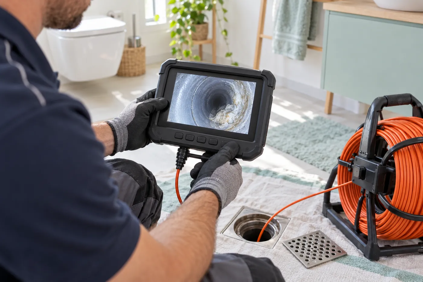 Écran de caméra d'inspection montrant l'intérieur d'une canalisation avant débouchage